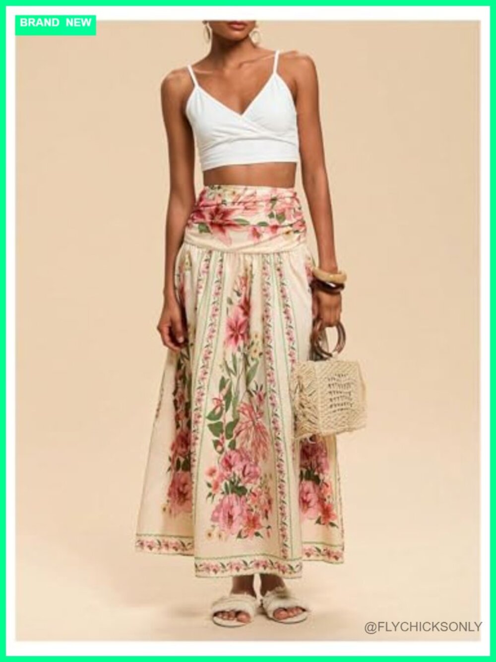 Boho Floral Print High Waisted A Line Maxi Skirt Shirred Flowy - Picture 6 of 6
